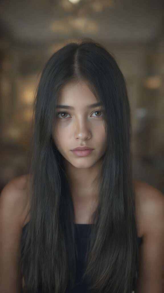 a (((beautiful young girl))) with long, straight black hair and (realistic) dark brown eyes, perfect for showcasing extremely detailed curved body, highly detailed realistic anatomy, realistic digital painting, (((looks at the camera)))