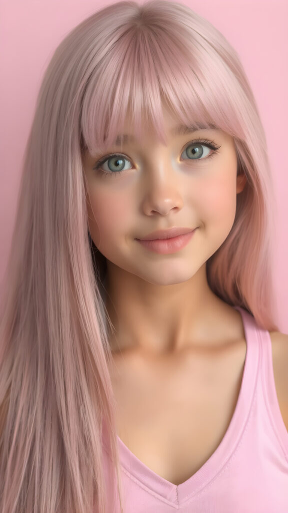 a (((beautiful young super realistic and detailed girl))), with ((extremely long, straight, thick soft pink hair)), and ((big, expressive, bright, natural pink eyes)), that convey a sense of youthful allure. Her ((skin is flawless)), with ((perfect pink lips)) that add to her enchanting smile. She's ((busty)), with ((big, round, full, slightly parted lips)), that are just barely parted in a playful smile. Her ((almond skin)) adds to her ((natural beauty)), with ((pink mini low-cut v-neck tank top)) that accentuates her ((female figure)), (soft, pink background)