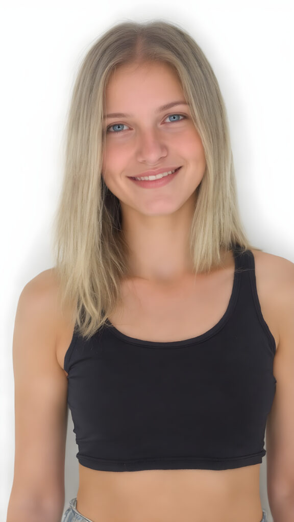 a (((beautiful busty young teen girl))), with straight (((light blond hair))) styled in a cropped and tight fitting (((black short tank top))). Her smile comes alive, revealing naturally full lips that match the perfect shade of detail and clarity. She exudes a youthful vibe, reminiscent of a high school senior, with a petite, yet perfectly proportioned figure, that perfectly complements her advanced features and advanced beauty, white backdrop
