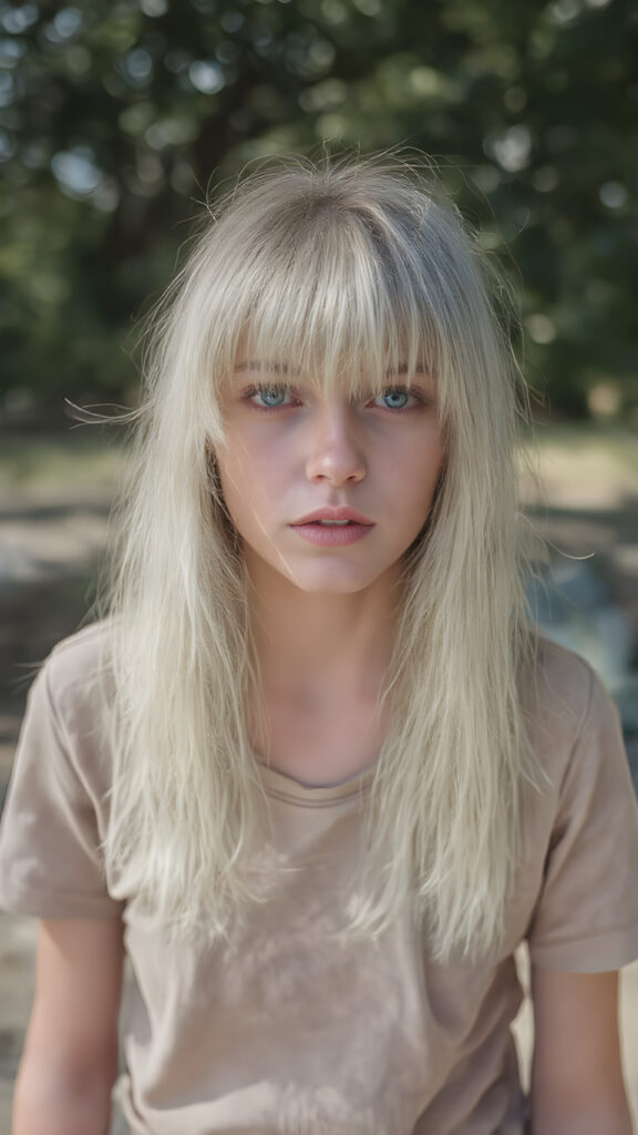 a (((beautiful young teen girl with a beautiful voice))), with super straight flowing, (((bright white hair, bangs))), (((extremely skinny and slender, with a sleek, yet softly proportioned figure))), wearing a ((t-shirt)) that accentuates her toned physique against a backdrop of a sunny, outdoor setting