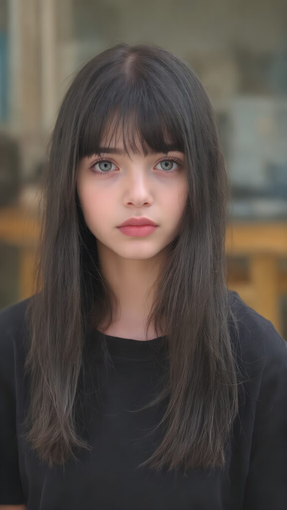 a beautiful (((young innocent girl))), with straight, (((long, black hair))), that softly curls into (vividly colored) bangs, framing a round face she's got big, bright, playful eyes that are captivating and inviting. Her lips are full and painted in (deep red) lipstick, complemented by (shades of pink) eyeshadow that accentuate her cheeks and add a pop of color to her overall look. Her skin is (pale white) , she's got beautiful, (brightly coloured) cheeks and (glowing) lips that add a pop of colour to her overall look. She wears a black oversized t-shirt