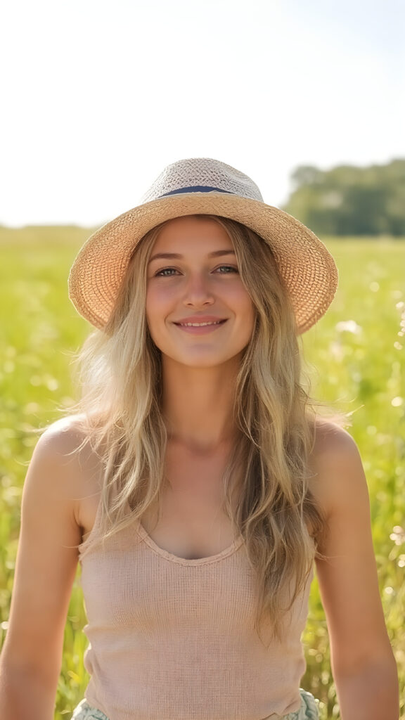 a (((beautiful, young, ((slender)), lean and fit cute girl))), with (pale skin) and (long, wavy, dirty blonde hair), that gives off a (soft glow), as she stands confidently in a (sunny meadow), wearing a (vintage-inspired, straw hat) that complements her look. Her expression is one of pure joy and excitement, as she gazes out into the (brightly sunny day).