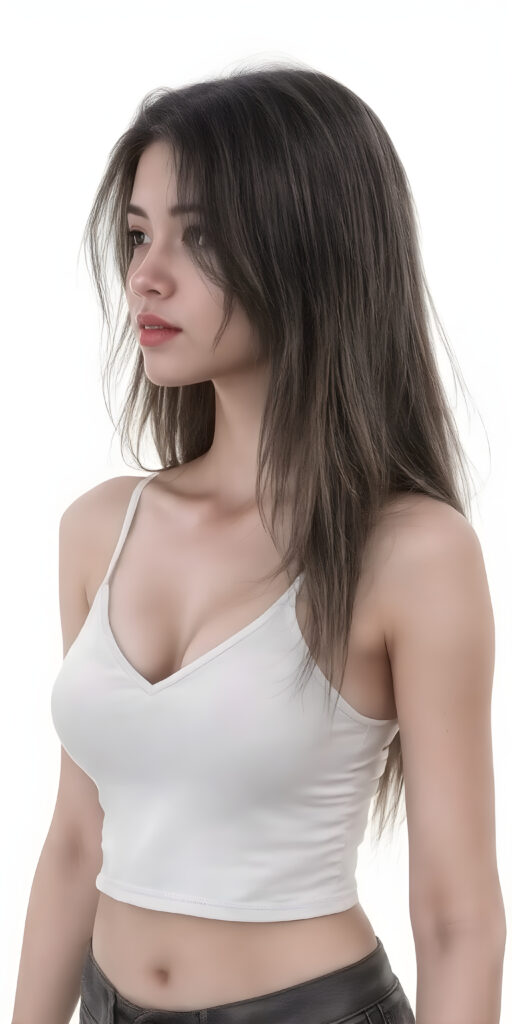 a (((beautiful young well busty teen girl, perfect curved body))), with flowing, (((soft long straight brown hair))). She is dressed in a sleek, (white cropped short tank top, deep v-neck), photograph, stands in the street