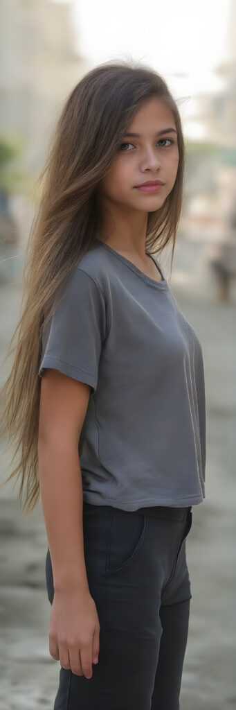 a (((beautiful young girl, perfect body, 15 years old))), with flowing, (((soft long straight brown hair))). (She is dressed in a sleek, ((t-shirt)), cargo pants), exuding just the right amount of youthful charm, photograph, full body side view, stands in the street
