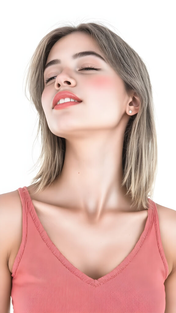 a (((beautiful well busty young teen girl))), with straight (((light soft amber hair))) styled in a cropped and tight fitting (((light amber short tank top, deep v-neck))). She has closed eyes and wide open mouth and white teeth and enjoy her desire, her head is tilted back and looks into the air. Round detailed cute face. She exudes a youthful vibe, reminiscent of a high school girl, with a petite, yet perfectly proportioned figure, that perfectly complements her advanced features and advanced beauty, white backdrop, side view, whole body