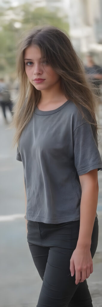 a (((beautiful young girl, perfect body, 15 years old))), with flowing, (((soft long straight brown hair))). (She is dressed in a sleek, ((t-shirt)), cargo pants), exuding just the right amount of youthful charm, photograph, full body side view, stands in the street
