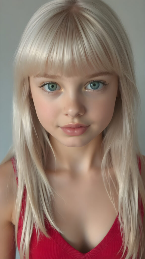a realistic and detailed portrait, a (((beautiful young teen girl looks like a cute doll))), with ((super realistic, detailed long, straight white hair, bangs)), and ((big, expressive, bright, natural light blue eyes)), that convey a sense of youthful allure. Her ((skin is flawless)). She's ((busty)), with ((big, round, full, slightly parted lips that add to her enchanting smile)). Her ((almond skin)) adds to her ((natural beauty)), with ((red mini low-cut v-neck tank top, perfect and cute detailed belly button)), light grey studio backdrop, ( Hyper-detailed Warm tones Dramatic lighting Cinematic )