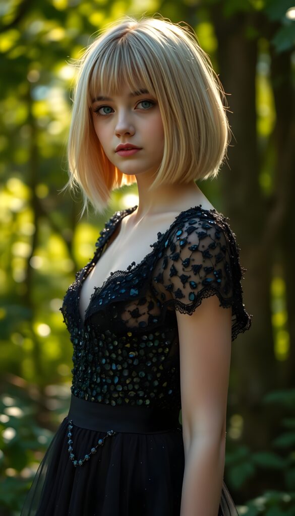 a (((beautiful teen girl))) dressed in a (((black crystal dress))), with soft full open straight blonde hair, bob cut, paired with delicate, against a backdrop in a green sunny forest.