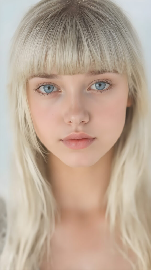 a (((beautiful girl looks like a cute doll))), with ((long, straight white hair, bangs)), and ((big, expressive, bright, natural light blue eyes)), that convey a sense of youthful allure. Her ((skin is flawless)). She's ((busty)), with ((big, round, full, slightly parted lips that add to her enchanting smile)). Her ((almond skin)) adds to her ((natural beauty)), with ((mini low-cut v-neck tank top, perfect and cute detailed belly button)), light grey studio backdrop, ( Hyper-detailed Warm tones Dramatic lighting Cinematic )