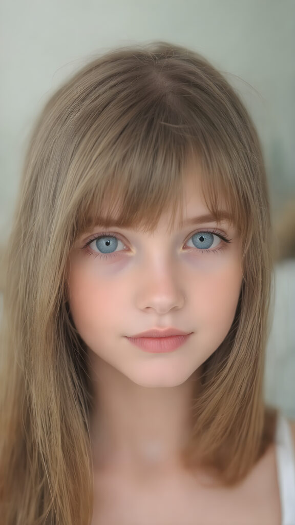 a (((beautiful young girl looks like a doll))), with ((extremely long, straight, thick, untucked soft brown hair, bangs)), and ((big, expressive, bright, natural light blue eyes)), that convey a sense of youthful allure. Her ((skin is flawless)). She's ((busty)), with ((big, round, full, slightly parted lips that add to her enchanting smile)). Her ((almond skin)) adds to her ((natural beauty)), with ((long, sheer, thin, tight tank top)), light grey studio backdrop