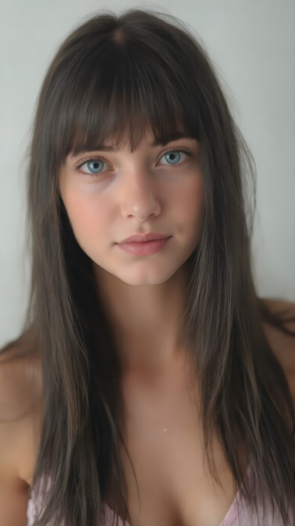 a (((beautiful young teen girl looks like a doll))), with ((long, straight black hair, bangs)), and ((big, expressive, bright, natural light blue eyes)), that convey a sense of youthful allure. Her ((skin is flawless)). She's ((busty)), with ((big, round, full, slightly parted lips that add to her enchanting smile)). Her ((almond skin)) adds to her ((natural beauty)), with ((mini low-cut v-neck tank top, perfect and cute detailed belly button)), light grey studio backdrop, ( Hyper-detailed Warm tones Dramatic lighting Cinematic )