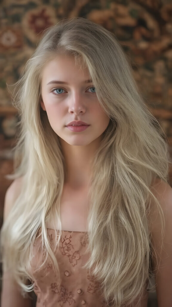 a (((beautiful girl))) with luxurious, (((shiny very long blond soft hair))), flawless skin, and a serene expression, her face and form are intricately detailed, giving off a soft glow that adds a touch of magic, she's dressed in a ((silk dress with designs of small flowers)), which accentuates her elegant figure, blending seamlessly with the intricate patterns and colors of the setting