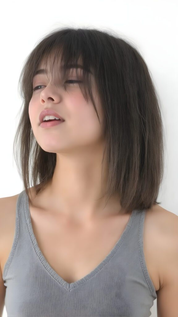 a (((beautiful busty young teen girl))), with straight (((light soft black hair))) styled in a cropped and tight fitting (((grey short tank top, deep v-neck, cute detailed belly button))). She has closed eyes and wide open mouth and enjoy her desire, her head is tilted back and looks into the air. Round detailed cute face. She exudes a youthful vibe, with a petite, yet perfectly proportioned figure, that perfectly complements her advanced features and advanced beauty, white backdrop, side view