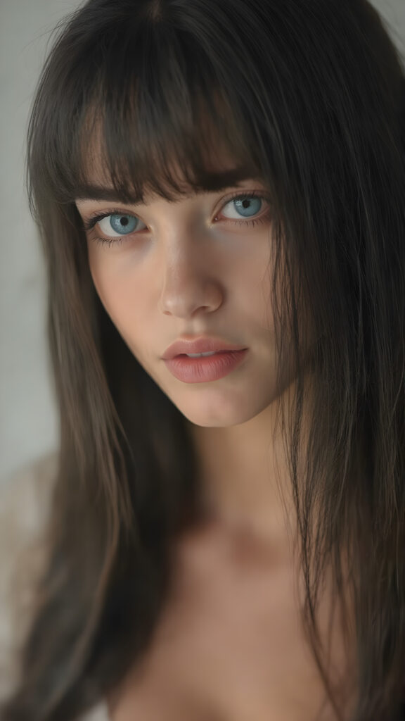 a (((beautiful girl looks like a doll))), with ((long, straight black hair, bangs)), and ((big, expressive, bright, natural light blue eyes)), that convey a sense of youthful allure. Her ((skin is flawless)). She's ((busty)), with ((big, round, full, slightly parted lips that add to her enchanting smile)). Her ((almond skin)) adds to her ((natural beauty)), with ((mini low-cut v-neck tank top, perfect and cute detailed belly button)), light grey studio backdrop, ( Hyper-detailed Warm tones Dramatic lighting Cinematic )