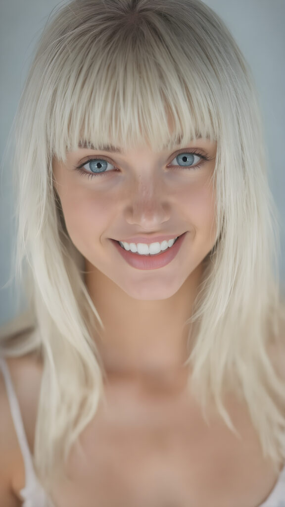 a (((beautiful girl looks like a cute doll))), she smile, open mouth and white teeth, with ((long, straight white hair, bangs)), and ((big, expressive, bright, natural light blue eyes)), that convey a sense of youthful allure. Her ((skin is flawless)). She's ((busty)), with ((big, round, full, slightly parted lips that add to her enchanting smile)). Her ((almond skin)) adds to her ((natural beauty)), with ((mini low-cut v-neck tank top, perfect and cute detailed belly button)), light grey studio backdrop, ( Hyper-detailed Warm tones Dramatic lighting Cinematic )