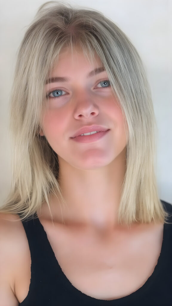 a (((beautiful busty young teen girl))), with straight (((light blond hair))) styled in a cropped and tight fitting (((black short tank top))). Her smile comes alive, revealing naturally full lips that match the perfect shade of detail and clarity. She exudes a youthful vibe, reminiscent of a high school senior, with a petite, yet perfectly proportioned figure, that perfectly complements her advanced features and advanced beauty, white backdrop