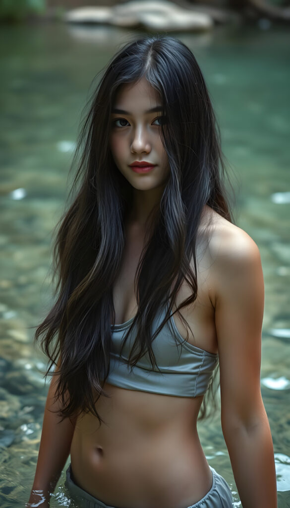 a (((beautiful young girl))), with long, black, wavy hair cascading down her shoulders, standing confidently in a crystal clear (((natural spring))), her face turned bashfully towards the camera, wearing a delicate, sleek (((silk crop top))), along with a playful, (round, short mini skirt) that accentuates her figure