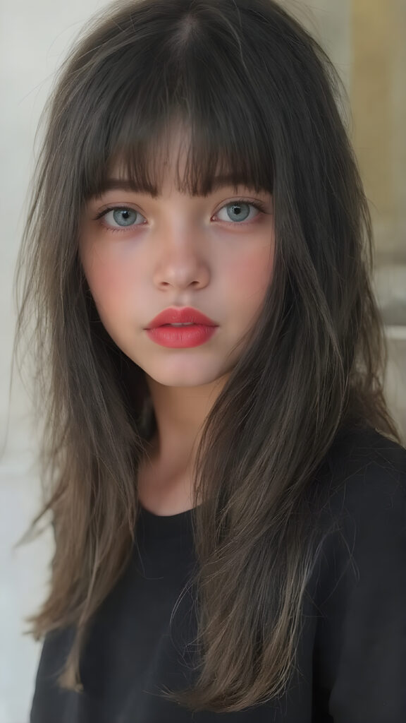 a beautiful (((young innocent girl))), with straight, (((long, black hair))), that softly curls into (vividly colored) bangs, framing a round face she's got big, bright, playful eyes that are captivating and inviting. Her lips are full and painted in (deep red) lipstick, complemented by (shades of pink) eyeshadow that accentuate her cheeks and add a pop of color to her overall look. Her skin is (pale white) , she's got beautiful, (brightly coloured) cheeks and (glowing) lips that add a pop of colour to her overall look. She wears a black oversized t-shirt