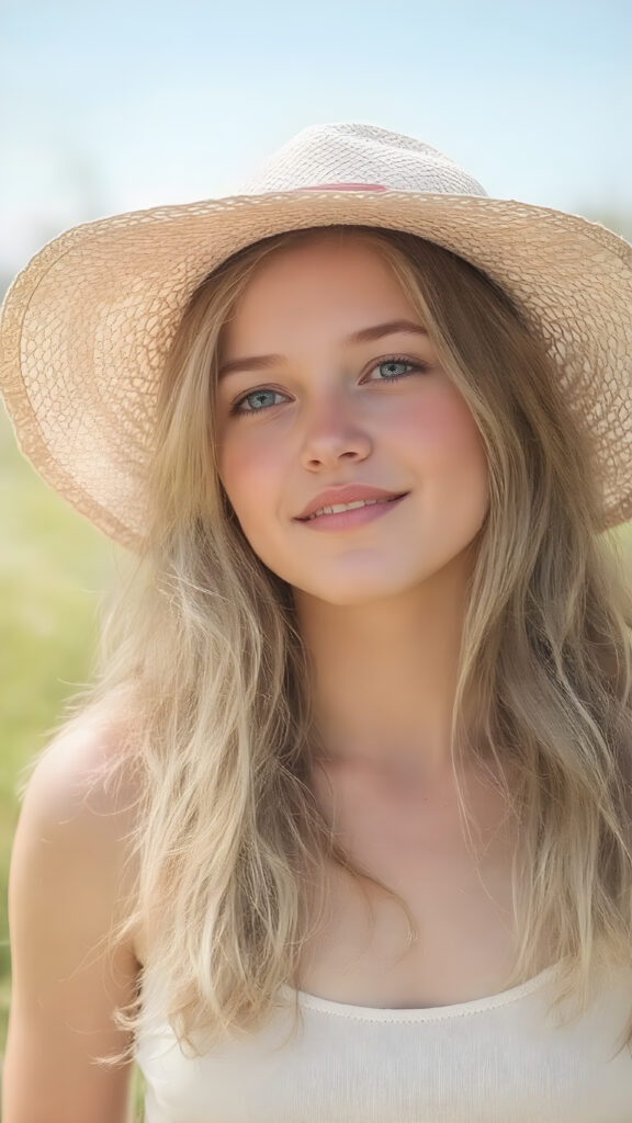 a (((beautiful, young, ((slender)), lean and fit cute girl))), with (pale skin) and (long, wavy, dirty blonde hair), that gives off a (soft glow), as she stands confidently in a (sunny meadow), wearing a (vintage-inspired, straw hat) that complements her look. Her expression is one of pure joy and excitement, as she gazes out into the (brightly sunny day).