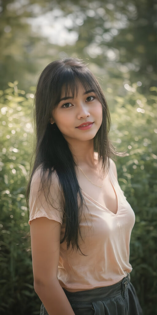 a (((beautiful Asian girl, with a sleek, yet delicate and petite physique, a youthful face with (sun-kissed) skin, straight long black hair, clad in (((hippie, retro 70s clothing, short t-shirt, deep v-neck, skirt))), exuding a sense of (hippieness) and (magnificence). Full body view, perfect curved body, capturing a ((vintage, retro 70s vibe)), sunny green backdrop
