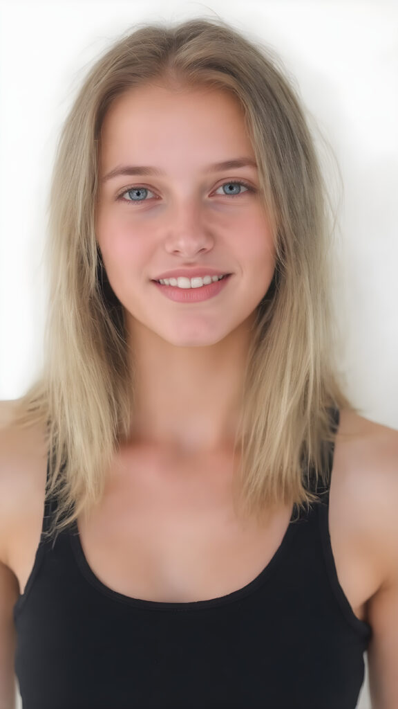 a (((beautiful busty young teen girl))), with straight (((light blond hair))) styled in a cropped and tight fitting (((black short tank top))). Her smile comes alive, revealing naturally full lips that match the perfect shade of detail and clarity. She exudes a youthful vibe, reminiscent of a high school senior, with a petite, yet perfectly proportioned figure, that perfectly complements her advanced features and advanced beauty, white backdrop