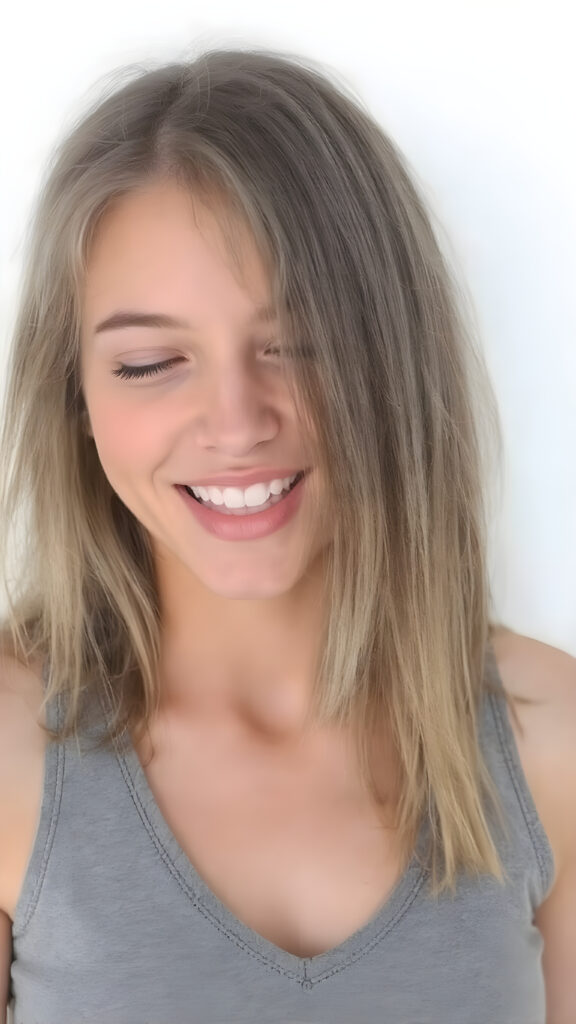 a (((beautiful busty young teen girl))), with straight (((light soft amber hair))) styled in a cropped and tight fitting (((grey short tank top, deep v-neck))). She has closed eyes and wide open mouth and white teeth and enjoy her desire. Round detailed cute face. She exudes a youthful vibe, reminiscent of a high school senior, with a petite, yet perfectly proportioned figure, that perfectly complements her advanced features and advanced beauty, white backdrop