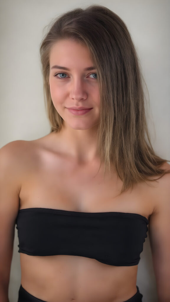 a (((beautiful, charming, alluring and captivating busty teen girl))), with straight, (((brown hair))), that perfectly frames her face, paired with (((flared and sleek black jeans))), accentuated by a (((very slight smile))), which gives off an air of sophistication and seduction