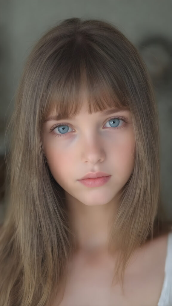 a (((beautiful young girl looks like a doll))), with ((extremely long, straight, thick, untucked soft brown hair, bangs)), and ((big, expressive, bright, natural light blue eyes)), that convey a sense of youthful allure. Her ((skin is flawless)). She's ((busty)), with ((big, round, full, slightly parted lips that add to her enchanting smile)). Her ((almond skin)) adds to her ((natural beauty)), with ((long, sheer, thin, tight tank top)), light grey studio backdrop