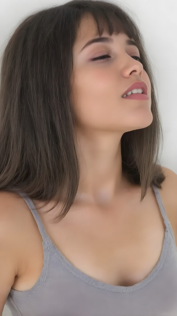 a (((beautiful busty young teen girl))), with straight (((light soft black hair))) styled in a cropped and tight fitting (((grey short tank top, deep v-neck, cute detailed belly button))). She has closed eyes and wide open mouth and enjoy her desire, her head is tilted back and looks into the air. Round detailed cute face. She exudes a youthful vibe, with a petite, yet perfectly proportioned figure, that perfectly complements her advanced features and advanced beauty, white backdrop, side view