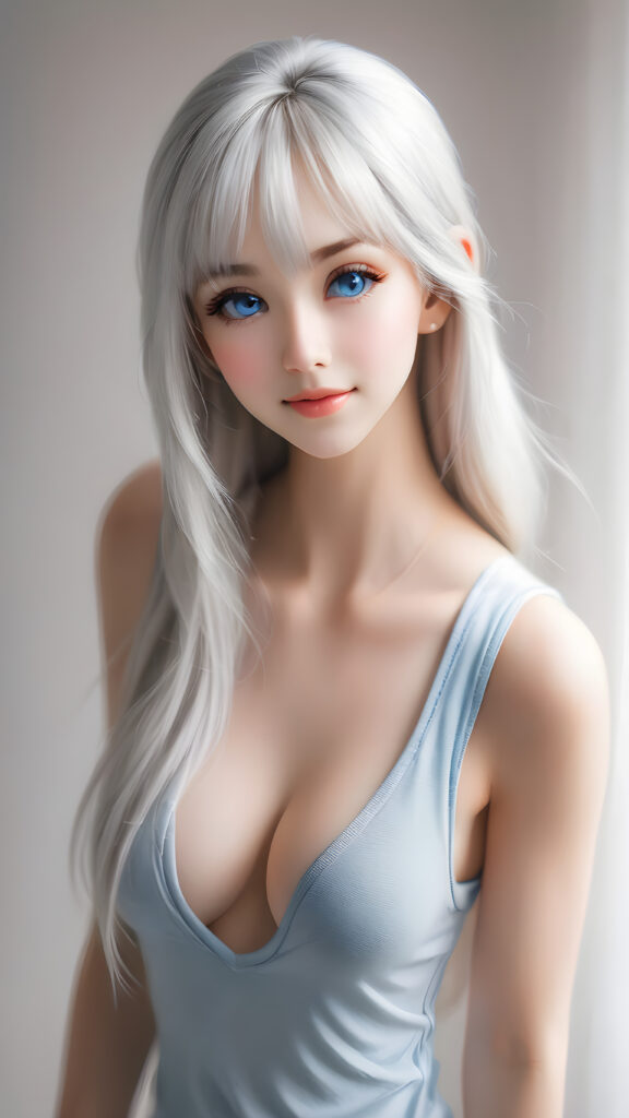 a (((beautiful young girl looks like a cute doll))), with ((long, straight white hair, bangs)), and ((big, expressive, bright, natural light blue eyes)), that convey a sense of youthful allure. Her ((skin is flawless)). She's ((busty)), with ((big, round, full, slightly parted lips that add to her enchanting smile)). Her ((almond skin)) adds to her ((natural beauty)), with ((mini low-cut v-neck tank top, perfect and cute detailed belly button)), light grey studio backdrop, ( Hyper-detailed Warm tones Dramatic lighting Cinematic )