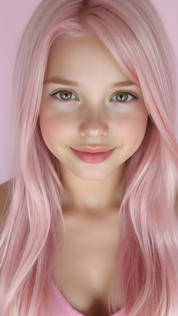 a (((beautiful young super realistic and detailed girl))), with ((extremely long, straight, thick soft pink hair)), and ((big, expressive, bright, natural pink eyes)), that convey a sense of youthful allure. Her ((skin is flawless)), with ((perfect pink lips)) that add to her enchanting smile. She's ((busty)), with ((big, round, full, slightly parted lips)), that are just barely parted in a playful smile. Her ((almond skin)) adds to her ((natural beauty)), with ((pink mini low-cut v-neck tank top)) that accentuates her ((female figure)), (soft, pink background)