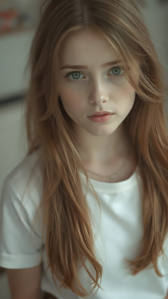 a (((beautiful girl), with pale skin and (((long, straight high volume open hair))), long eyelashes , purple eyes (dressed in a (((white cropped t-shirt))), (((brown eyes))), evoking a whimsically elegant atmosphere. full body view