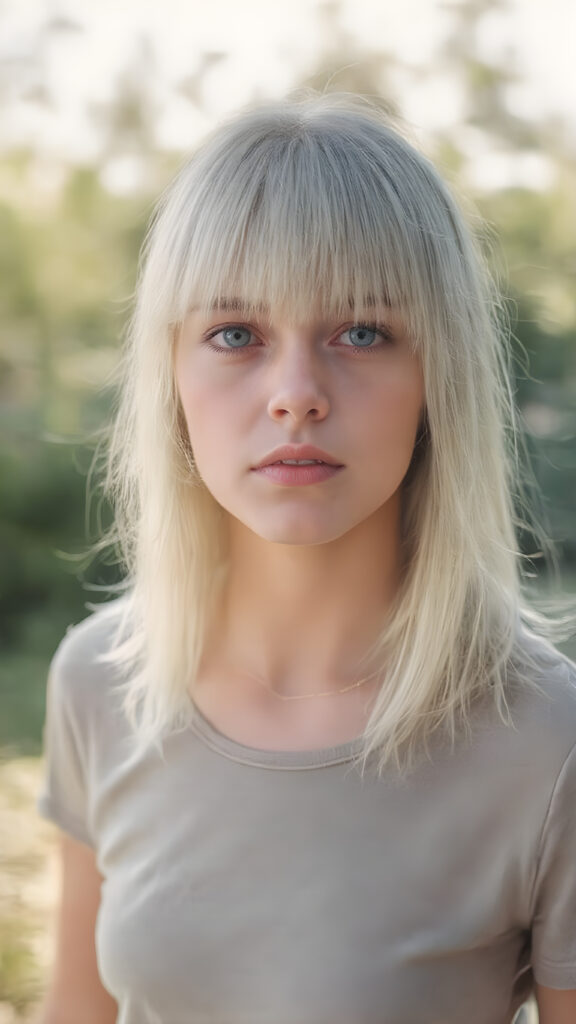 a (((beautiful young teen girl with a beautiful voice))), with super straight flowing, (((bright white hair, bangs))), (((extremely skinny and slender, with a sleek, yet softly proportioned figure))), wearing a ((t-shirt)) that accentuates her toned physique against a backdrop of a sunny, outdoor setting