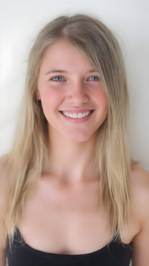 a (((beautiful busty young teen girl))), with straight (((light blond hair))) styled in a cropped and tight fitting (((black short tank top))). Her smile comes alive, revealing naturally full lips that match the perfect shade of detail and clarity. She exudes a youthful vibe, reminiscent of a high school senior, with a petite, yet perfectly proportioned figure, that perfectly complements her advanced features and advanced beauty, white backdrop