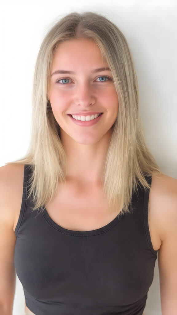 a (((beautiful busty young teen girl))), with straight (((light blond hair))) styled in a cropped and tight fitting (((black short tank top))). Her smile comes alive, revealing naturally full lips that match the perfect shade of detail and clarity. She exudes a youthful vibe, reminiscent of a high school senior, with a petite, yet perfectly proportioned figure, that perfectly complements her advanced features and advanced beauty, white backdrop