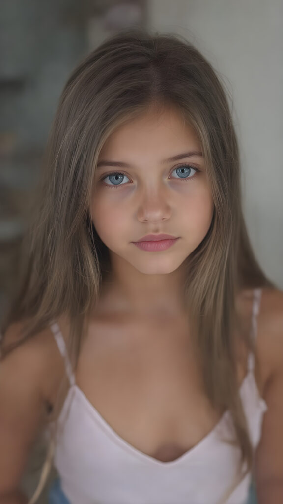 a (((beautiful, cute, and slender young girl))), with (light tan skin) and (very long, straight, thick, dark brown hair) that gives off a youthful glow, paired with (adorable puffy light blue eyes) that emit a sense of realism, all framed by a cozy (pastel color cropped short spaghetti tank top, deep v-neck) and (matching pastel blue jeans) cut in a (soft, pastel aesthetic) style that complements her (cheerful, happy expression) full body view