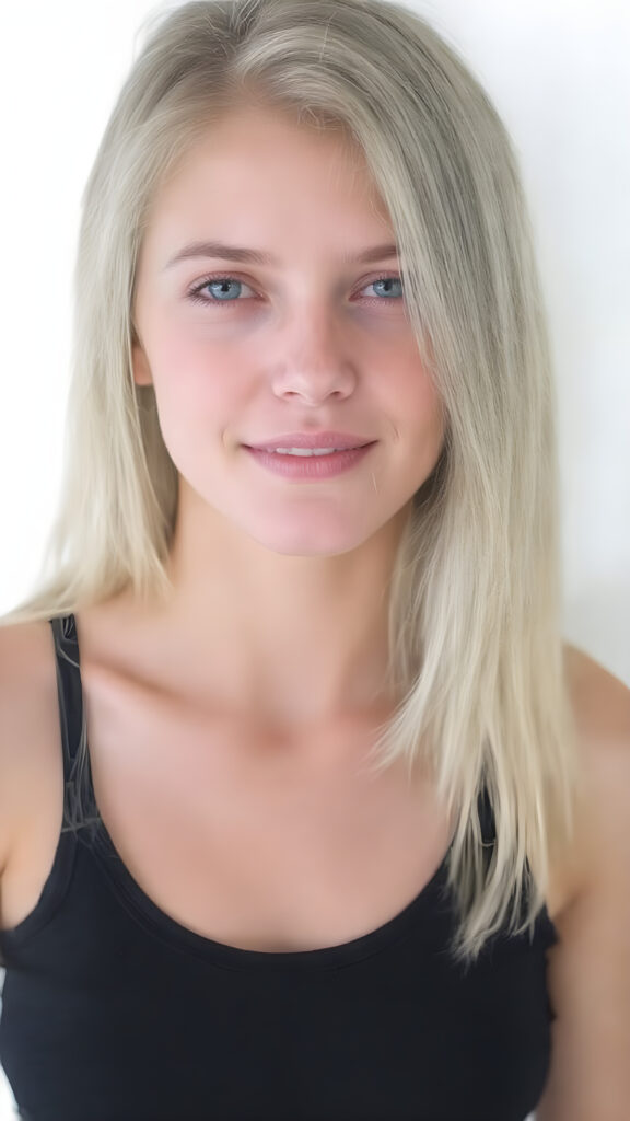 a (((beautiful busty young teen girl))), with straight (((light blond hair))) styled in a cropped and tight fitting (((black short tank top))). Her smile comes alive, revealing naturally full lips that match the perfect shade of detail and clarity. She exudes a youthful vibe, reminiscent of a high school senior, with a petite, yet perfectly proportioned figure, that perfectly complements her advanced features and advanced beauty, white backdrop