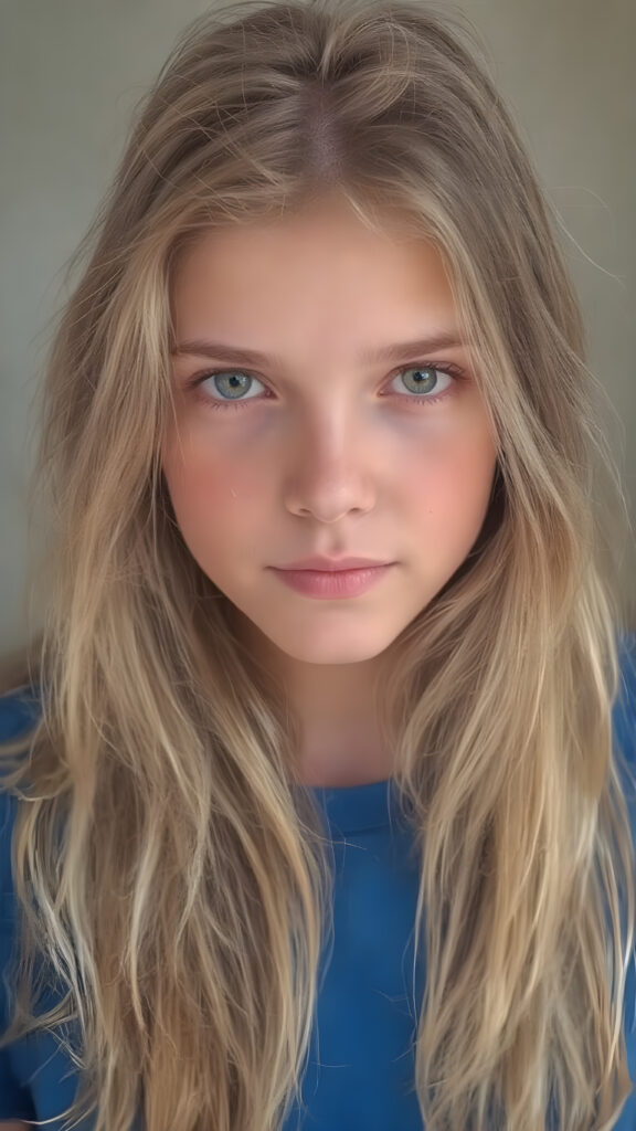 a (((beautiful young teen girl, 19 years old))) with (((extremely long, super realistic thick, cascading blonde hair))), which flows down to her waist and covers her front upper body, paired with (((brown, sand-colored eyes))), that convey a sense of tranquility. Her focus is on the camera, with a slightly turned head and a level of detail that suggests a (professional studio photo). Her attire is a (blue t-shirt). The setting is a (front profile), with a hint of a gentle smile, full body view