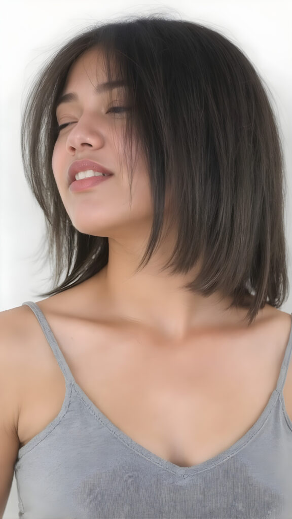 a (((beautiful busty young teen girl))), with straight (((light soft black hair))) styled in a cropped and tight fitting (((grey short tank top, deep v-neck, cute detailed belly button))). She has closed eyes and wide open mouth and enjoy her desire, her head is tilted back and looks into the air. Round detailed cute face. She exudes a youthful vibe, with a petite, yet perfectly proportioned figure, that perfectly complements her advanced features and advanced beauty, white backdrop, side view