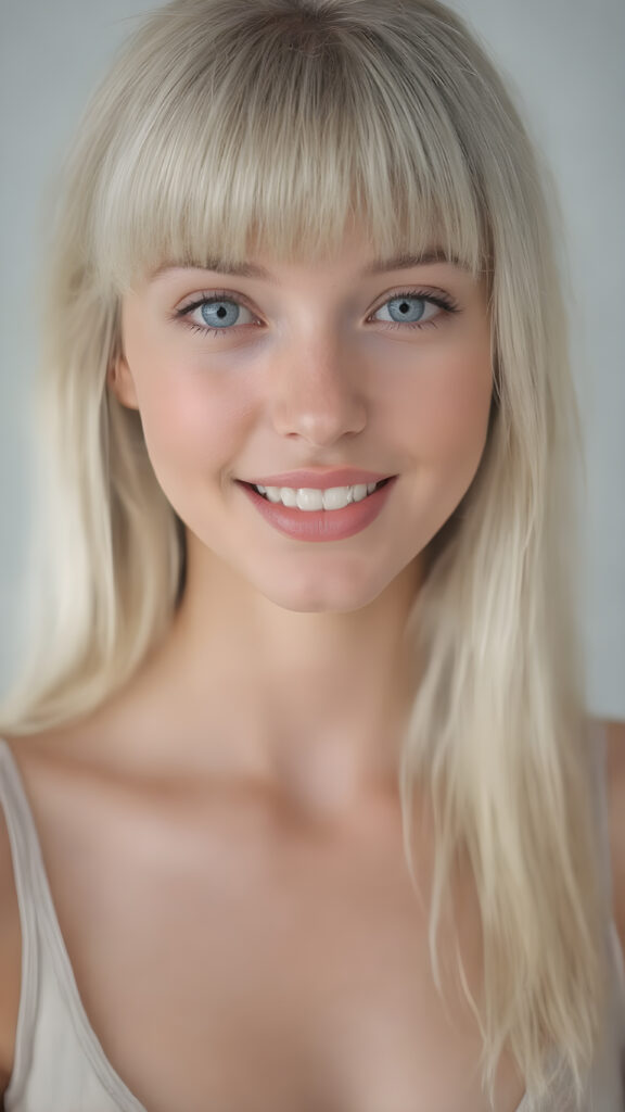 a (((beautiful girl looks like a cute doll))), she smile, open mouth and white teeth, with ((long, straight white hair, bangs)), and ((big, expressive, bright, natural light blue eyes)), that convey a sense of youthful allure. Her ((skin is flawless)). She's ((busty)), with ((big, round, full, slightly parted lips that add to her enchanting smile)). Her ((almond skin)) adds to her ((natural beauty)), with ((mini low-cut v-neck tank top, perfect and cute detailed belly button)), light grey studio backdrop, ( Hyper-detailed Warm tones Dramatic lighting Cinematic )