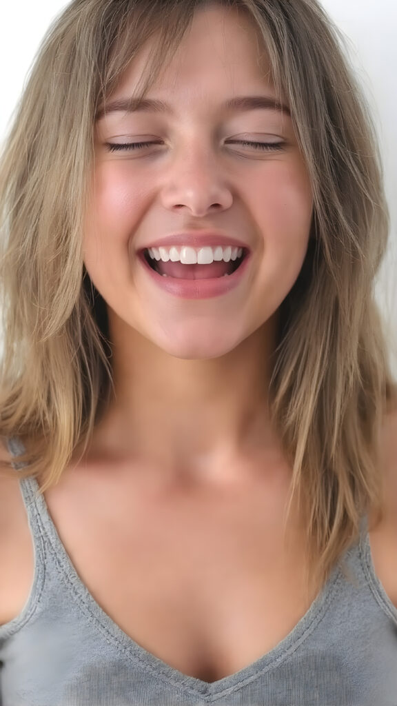 a (((beautiful busty young teen girl))), with straight (((light soft amber hair))) styled in a cropped and tight fitting (((grey short tank top, deep v-neck))). She has closed eyes and wide open mouth and white teeth and enjoy her desire. Round detailed cute face. She exudes a youthful vibe, reminiscent of a high school senior, with a petite, yet perfectly proportioned figure, that perfectly complements her advanced features and advanced beauty, white backdrop