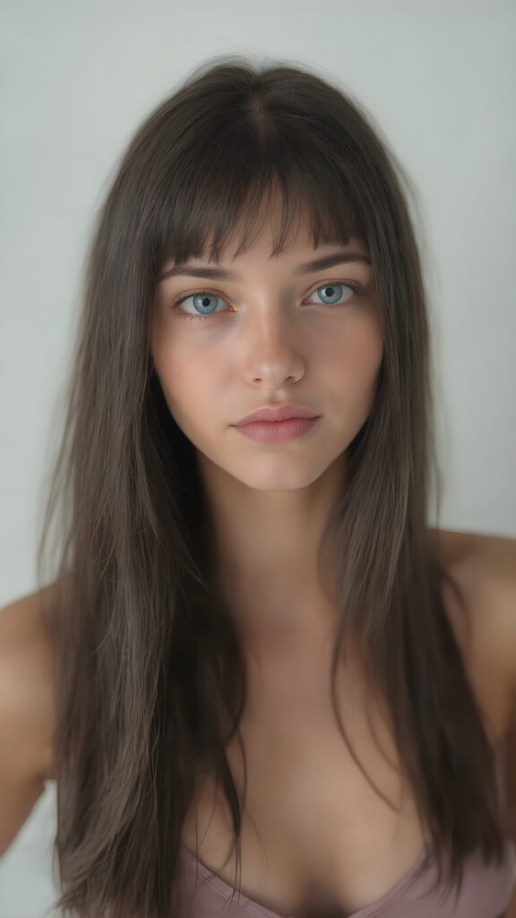 a (((beautiful girl looks like a doll))), with ((long, straight black hair, bangs)), and ((big, expressive, bright, natural light blue eyes)), that convey a sense of youthful allure. Her ((skin is flawless)). She's ((busty)), with ((big, round, full, slightly parted lips that add to her enchanting smile)). Her ((almond skin)) adds to her ((natural beauty)), with ((mini low-cut v-neck tank top, perfect and cute detailed belly button)), light grey studio backdrop, ( Hyper-detailed Warm tones Dramatic lighting Cinematic )