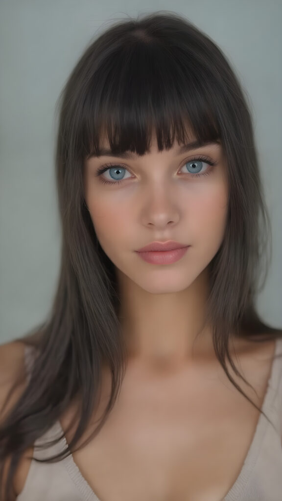 a (((beautiful young teen girl looks like a doll))), with ((long, straight black hair, bangs)), and ((big, expressive, bright, natural light blue eyes)), that convey a sense of youthful allure. Her ((skin is flawless)). She's ((busty)), with ((big, round, full, slightly parted lips that add to her enchanting smile)). Her ((almond skin)) adds to her ((natural beauty)), with ((mini low-cut v-neck tank top, perfect and cute detailed belly button)), light grey studio backdrop, ( Hyper-detailed Warm tones Dramatic lighting Cinematic )
