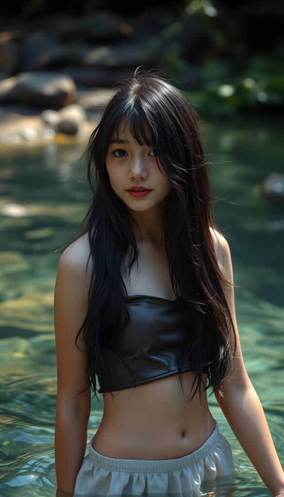 a (((beautiful young girl))), with long, black, wavy hair cascading down her shoulders, standing confidently in a crystal clear (((natural spring))), her face turned bashfully towards the camera, wearing a delicate, sleek (((silk crop top))), along with a playful, (round, short mini skirt) that accentuates her figure