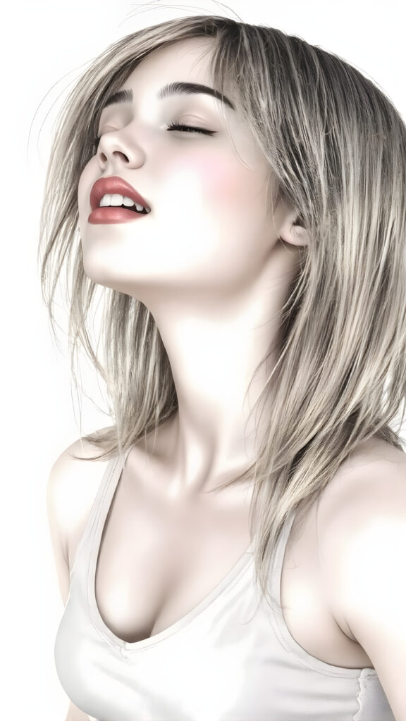 a (((beautiful well busty young teen girl))), with straight (((light soft amber hair))) styled in a cropped and tight fitting (((light amber short tank top, deep v-neck))). She has closed eyes and wide open mouth and white teeth and enjoy her desire, her head is tilted back and looks into the air. Round detailed cute face. She exudes a youthful vibe, reminiscent of a high school girl, with a petite, yet perfectly proportioned figure, that perfectly complements her advanced features and advanced beauty, white backdrop, side view, whole body