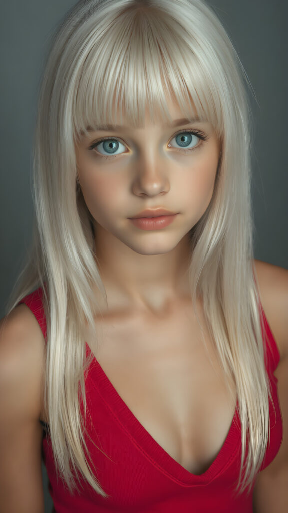 a realistic and detailed portrait, a (((beautiful young teen girl looks like a cute doll))), with ((super realistic, detailed long, straight white hair, bangs)), and ((big, expressive, bright, natural light blue eyes)), that convey a sense of youthful allure. Her ((skin is flawless)). She's ((busty)), with ((big, round, full, slightly parted lips that add to her enchanting smile)). Her ((almond skin)) adds to her ((natural beauty)), with ((red mini low-cut v-neck tank top, perfect and cute detailed belly button)), light grey studio backdrop, ( Hyper-detailed Warm tones Dramatic lighting Cinematic )