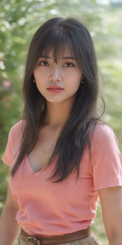 a (((beautiful Asian girl, with a sleek, yet delicate and petite physique, a youthful face with (sun-kissed) skin, straight long black hair, clad in (((hippie, retro 70s clothing, short t-shirt, deep v-neck, skirt))), exuding a sense of (hippieness) and (magnificence). Full body view, perfect curved body, capturing a ((vintage, retro 70s vibe)), sunny green backdrop