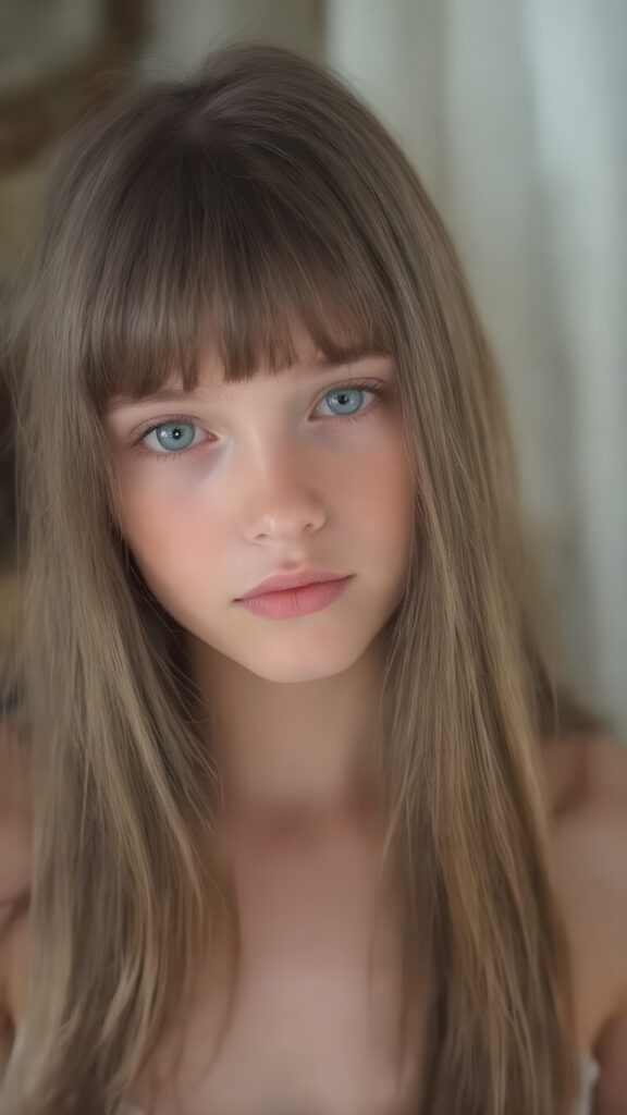 a (((beautiful young girl looks like a doll))), with ((extremely long, straight, thick, untucked soft brown hair, bangs)), and ((big, expressive, bright, natural light blue eyes)), that convey a sense of youthful allure. Her ((skin is flawless)). She's ((busty)), with ((big, round, full, slightly parted lips that add to her enchanting smile)). Her ((almond skin)) adds to her ((natural beauty)), with ((long, sheer, thin, tight tank top)), light grey studio backdrop