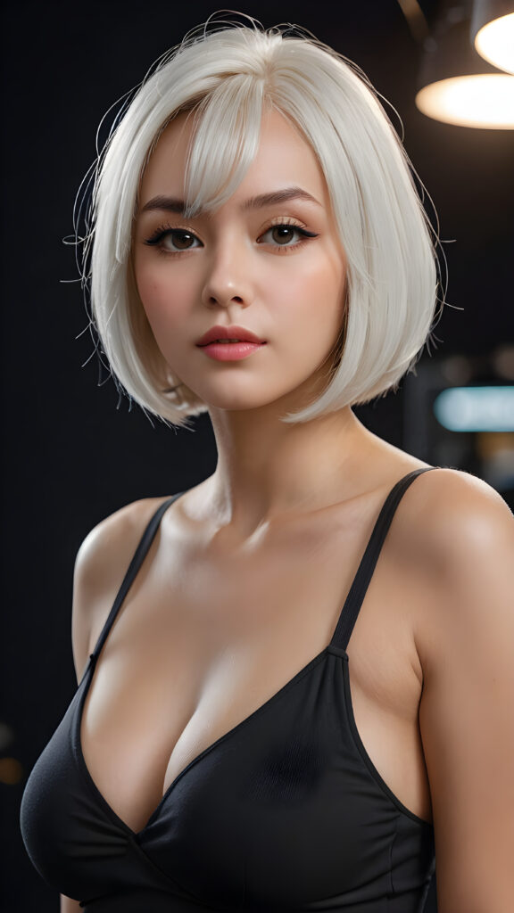 a (((beautiful well busty girl))) with a (((bob cut hair style, soft straight white hair))), accompanied by (((volumetric lighting))) that bring out the (masterpiece) details, all against a (plain, dark backdrop) that focuses on the (face) and its intricate, (hyper-realistic) features, captures the essence of (digital art), ((black dressed in an short tank top, deep v-neck)) ((full body))