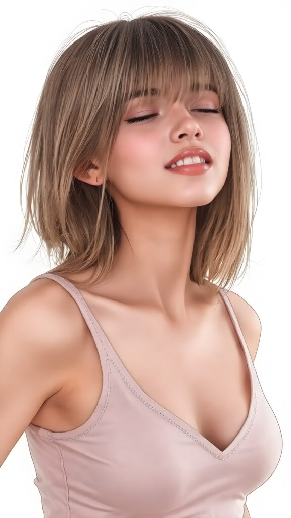 a (((beautiful well busty young teen girl))), with straight (((light soft amber hair))) styled in a cropped and tight fitting (((light amber short tank top, deep v-neck))). She has closed eyes and wide open mouth and white teeth and enjoy her desire, her head is tilted back and looks into the air. Round detailed cute face. She exudes a youthful vibe, reminiscent of a high school girl, with a petite, yet perfectly proportioned figure, that perfectly complements her advanced features and advanced beauty, white backdrop, side view, whole body